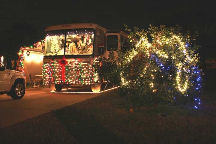 A RV decorated for the Holidays